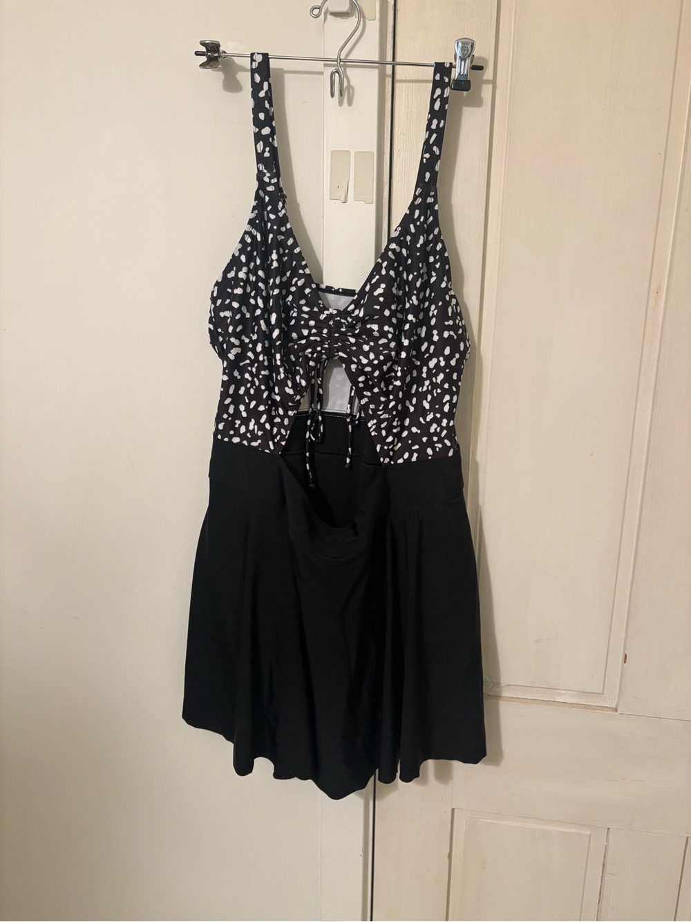 Black & White One-Piece Swimdress with Skirt